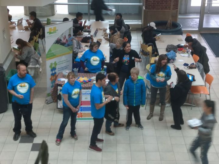 We're kicking off Autism Awareness Month in the HUB this afternoon! Student volunteers and day program participants are here handing out buttons, brac