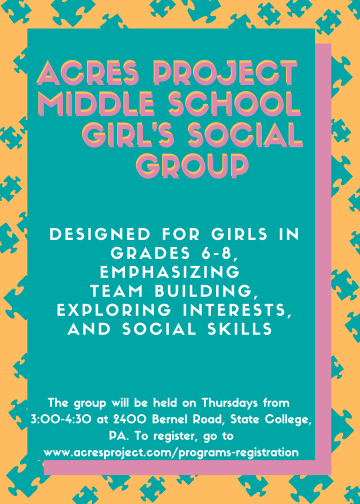 Now introducing our Middle School Girls Group! This group is for girls grade 6-8 on the autism spectrum. Here, they will practice socialization in a s